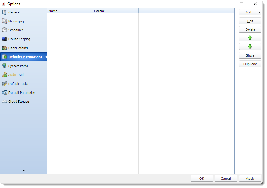 SSRS. Default Destinations in Option section in SQL-RD
