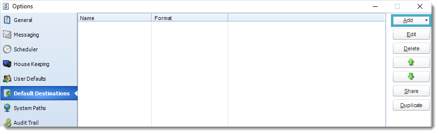 SSRS. Default Destinations in Option section in SQL-RD
