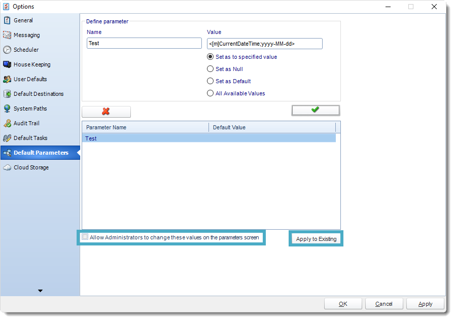 SSRS. Default Parameters in Options section in SQL-RD