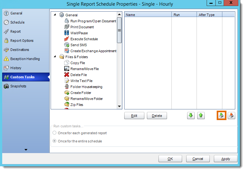 Crystal Repoerts: Custom Tasks Wizard in Single Report Schedule Properties in CRD.