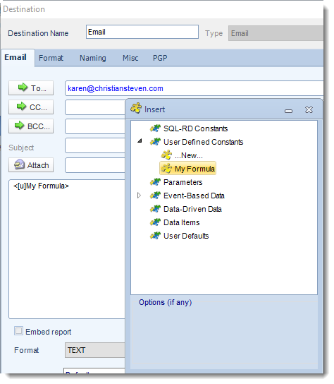 SSRS. Inserting User Constants in Email Destination in SQL-RD