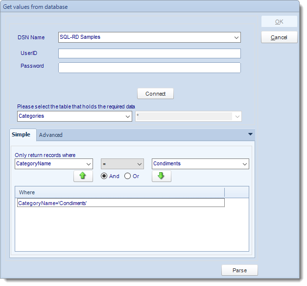 SSRS. Get Values from Database interface in SQL-RD