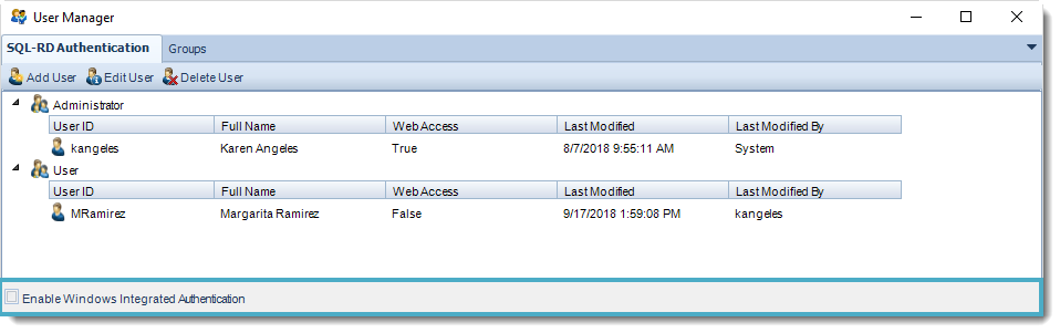 SSRS. SQL-RD Authentication section in User Manager in SQL-RD.