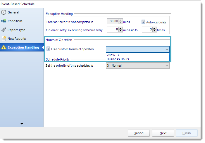 SSRS. Hours of Operation in Exception Handling Wizard in Event Based Schedule in SQL-RD.