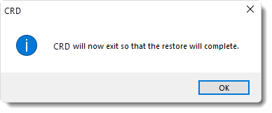Crystal Reports: Restore will complete pop-up in CRD.