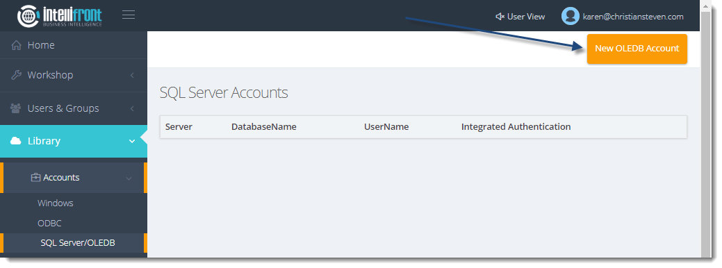 KPI's and Dashboards: SQL Server/OLEDB Accounts in IntelliFront BI.