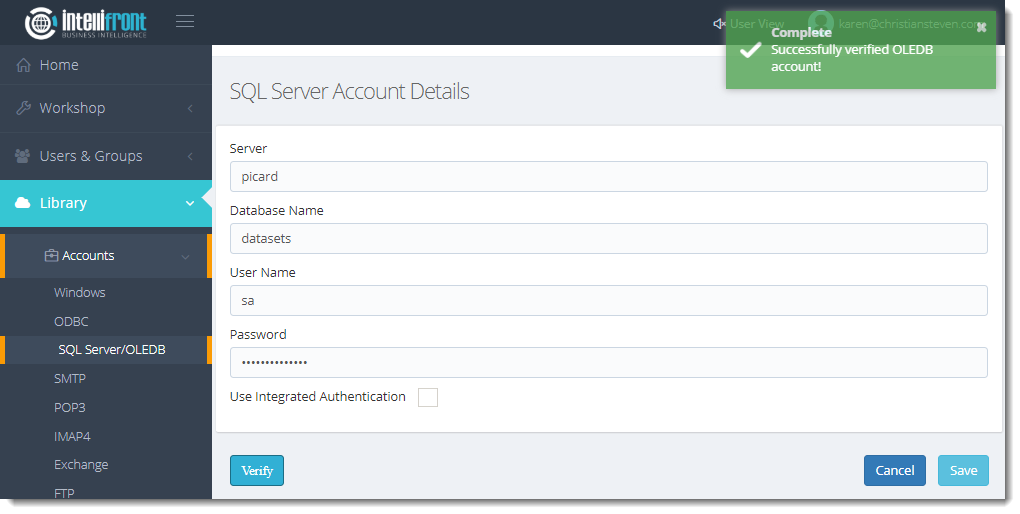 KPI's and Dashboards: SQL Server/OLEDB Accounts in IntelliFront BI.