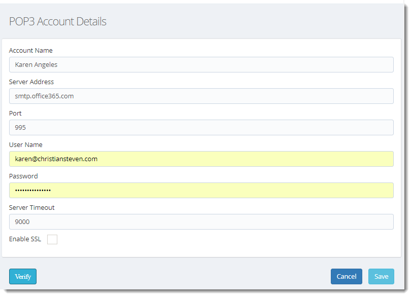 KPI's and Dashboards: POP3 Accounts in IntelliFront BI.