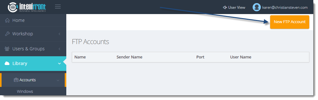 KPI's and Dashboards: FTP Accounts in IntelliFront BI.