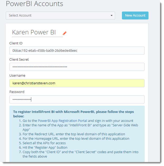 KPI's and Dashboards: Power BI Accounts in IntelliFront BI.