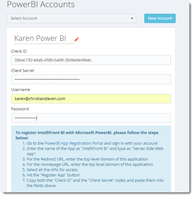 KPI's and Dashboards: Power BI Accounts in IntelliFront BI.