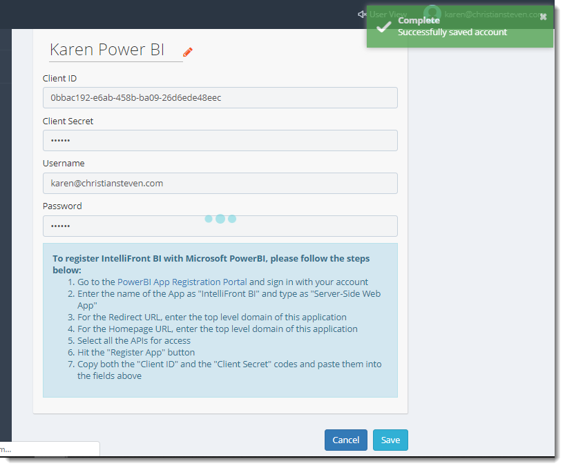 KPI's and Dashboards: Power BI Accounts in IntelliFront BI.