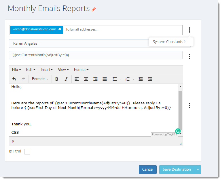 KPI's and Dashboards: Email Destination in IntelliFront BI.