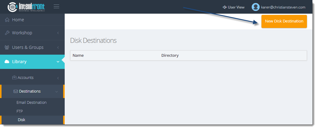 KPI's and Dashboards: Disk Destination in IntelliFront BI.