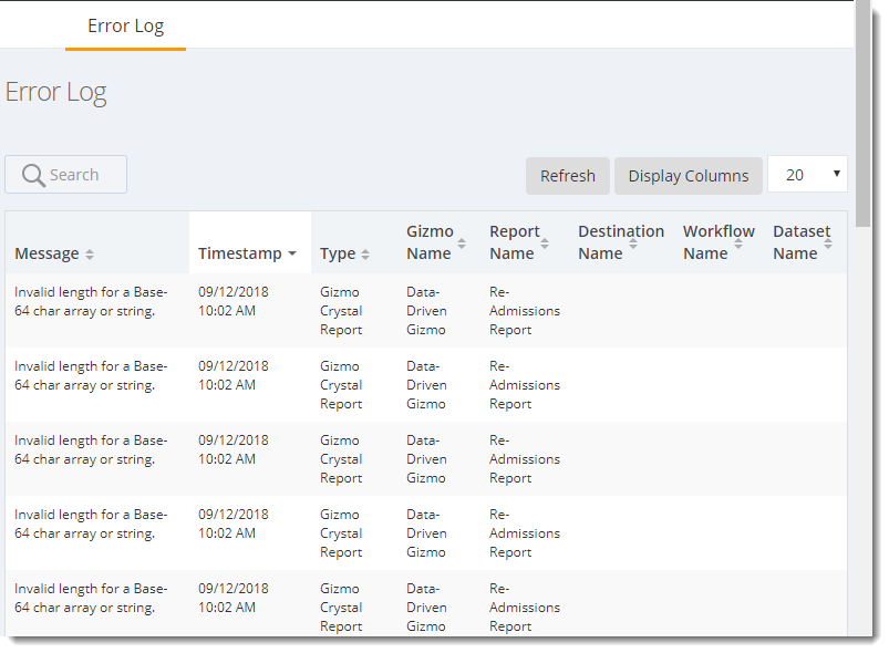 KPI's and Dashboards: Error Log in IntelliFront BI.