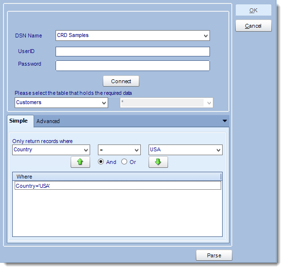 Crystal Reports: Get Values from Database interface in CRD.