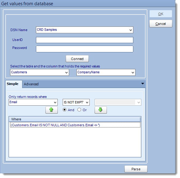 Crystal Reports: Get Values from Database interface in CRD.