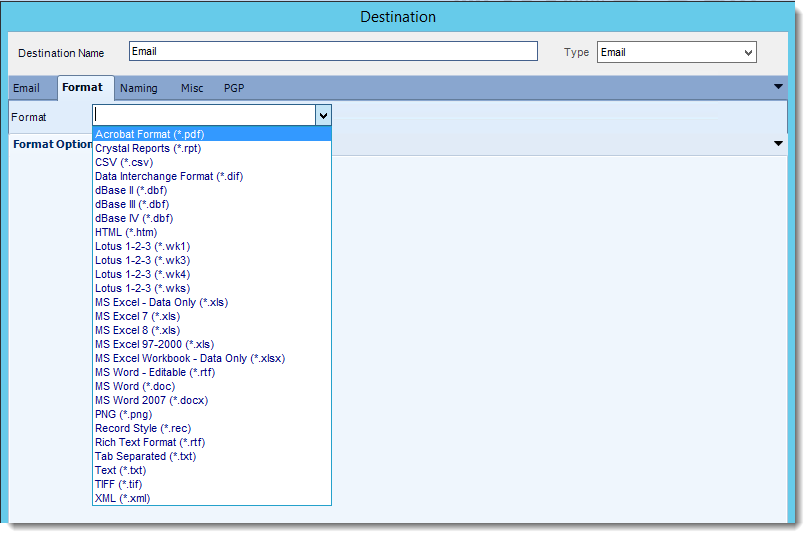 Crystal Reports: Format section in Destination in CRD.