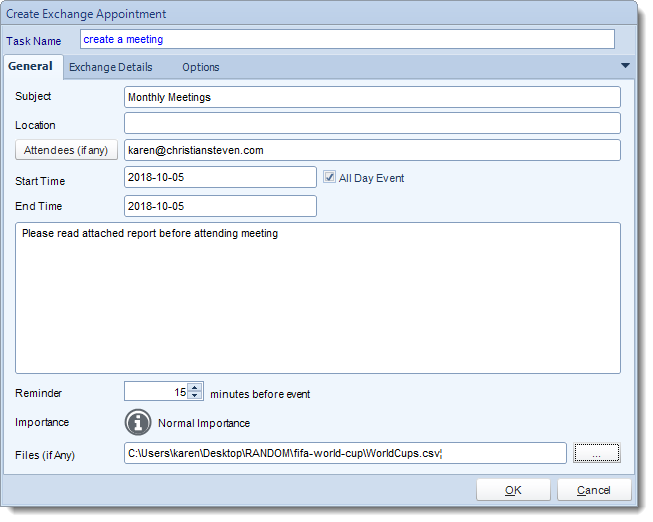 Crystal Reports: Create Exchange Appointment task in CRD.