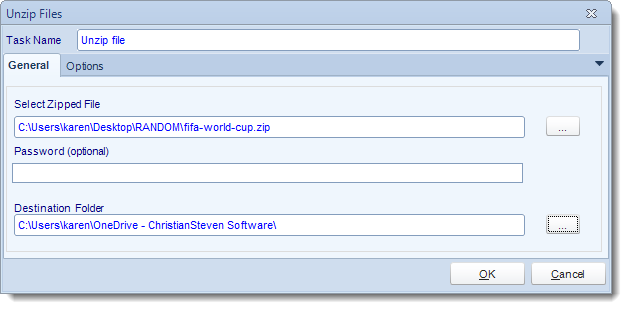 Crystal Reports: Unzip Files task in CRD.