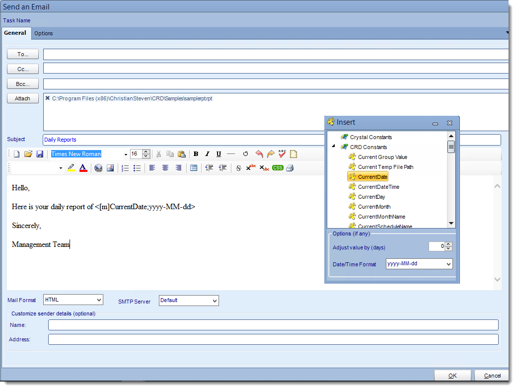 Crystal Reports: Send Email tasks in CRD.