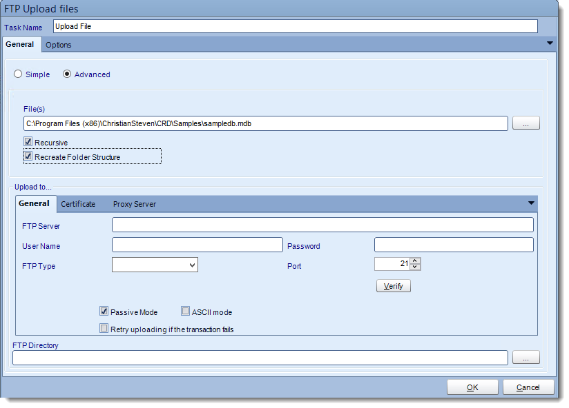 Crystal Reports: FTP upload File tasks in CRD.