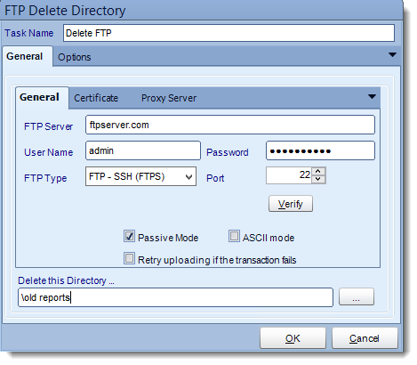 Crystal Reports: FTP Delete Directory tasks in CRD.