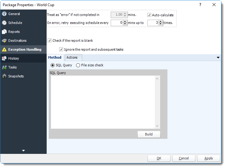 Power BI and SSRS. Exception Handling Wizard of Package Schedule Report Properties for Power BI in PBRS.