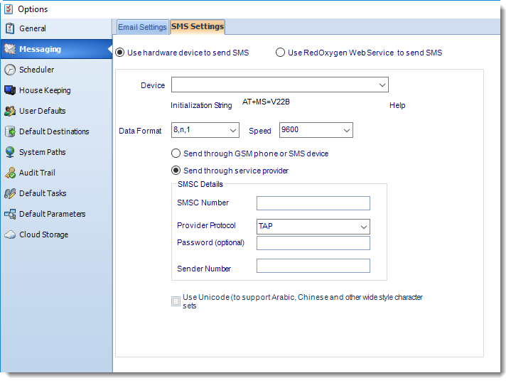 SSRS. SMS Settings in Messaging Options section in SQL-RD