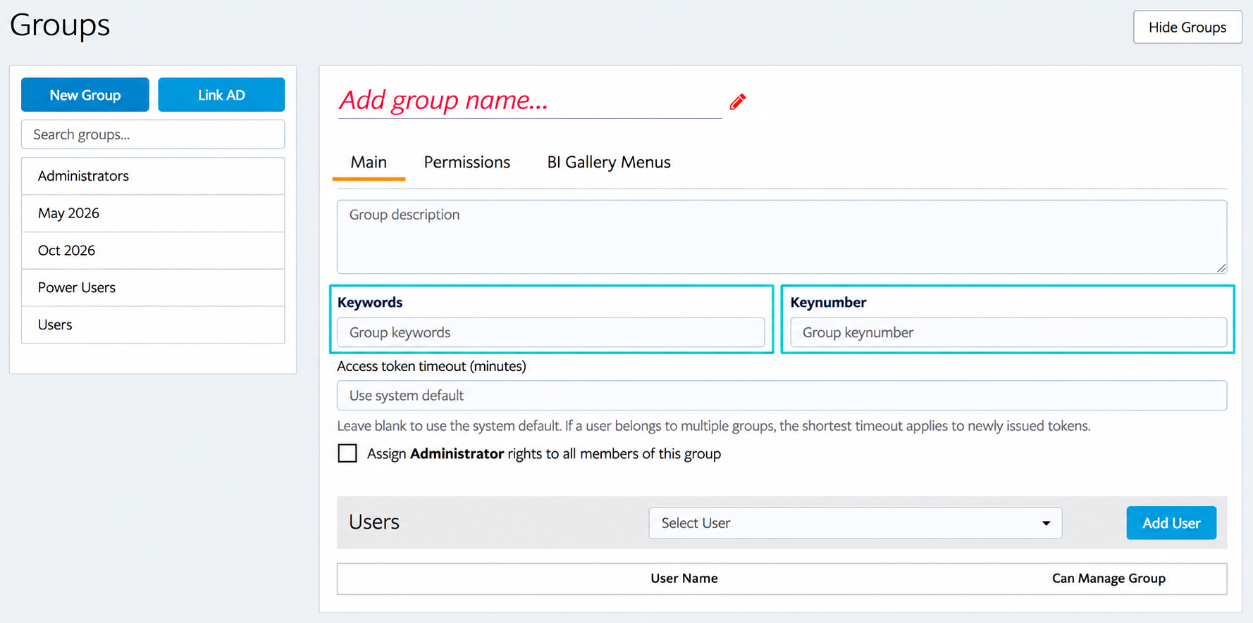 IntelliFront BI Groups Manager showing the Main tab with the Keywords and Keynumber fields highlighted in IntelliFront Blue. These fields allow administrators to configure group-specific information.