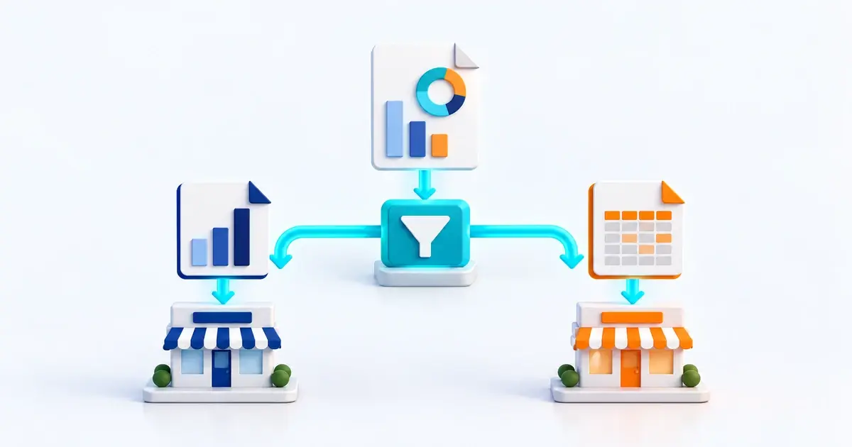 Conceptual illustration: Separate report versions prepared for their intended customers or locations.