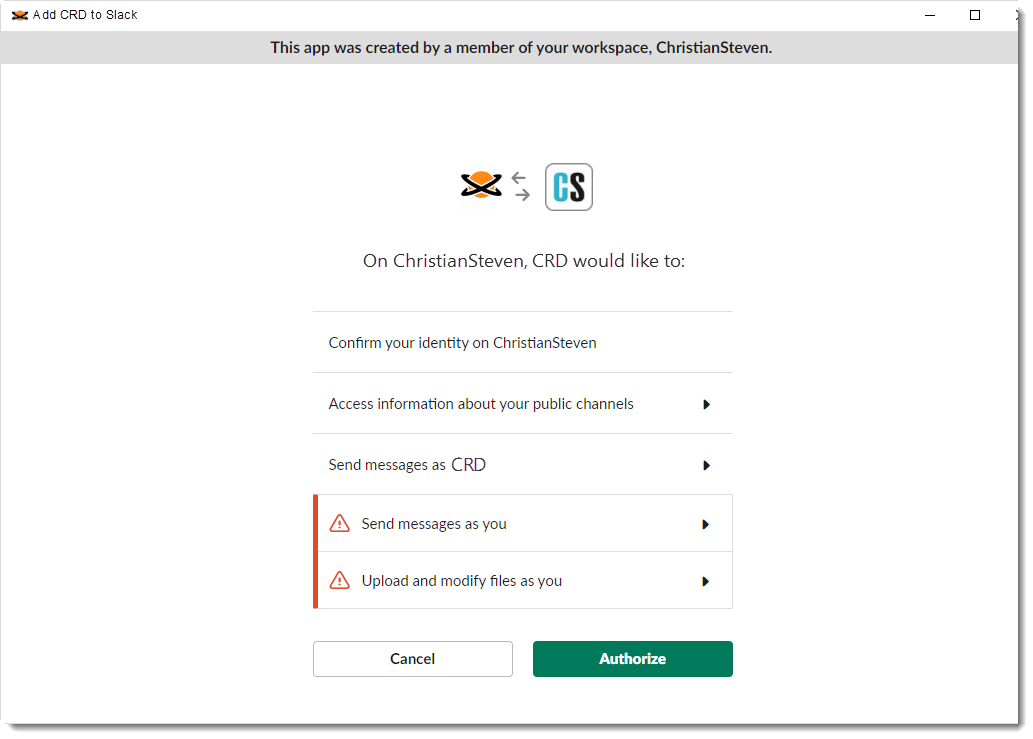 Crystal Reports: Add a Slack Account wizard in CRD.