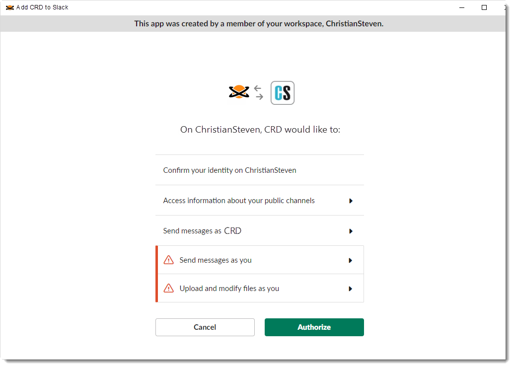 Crystal Reports: Add a Slack Account wizard in CRD.